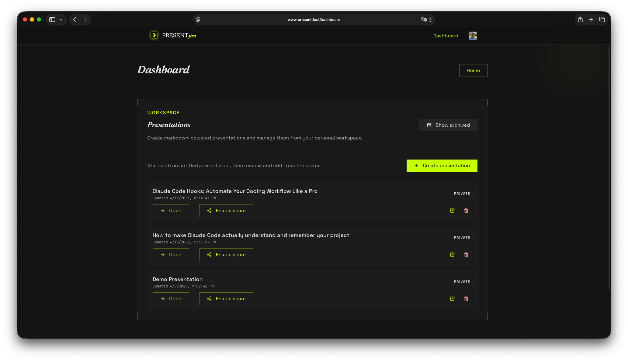 PRESENT.fast dashboard