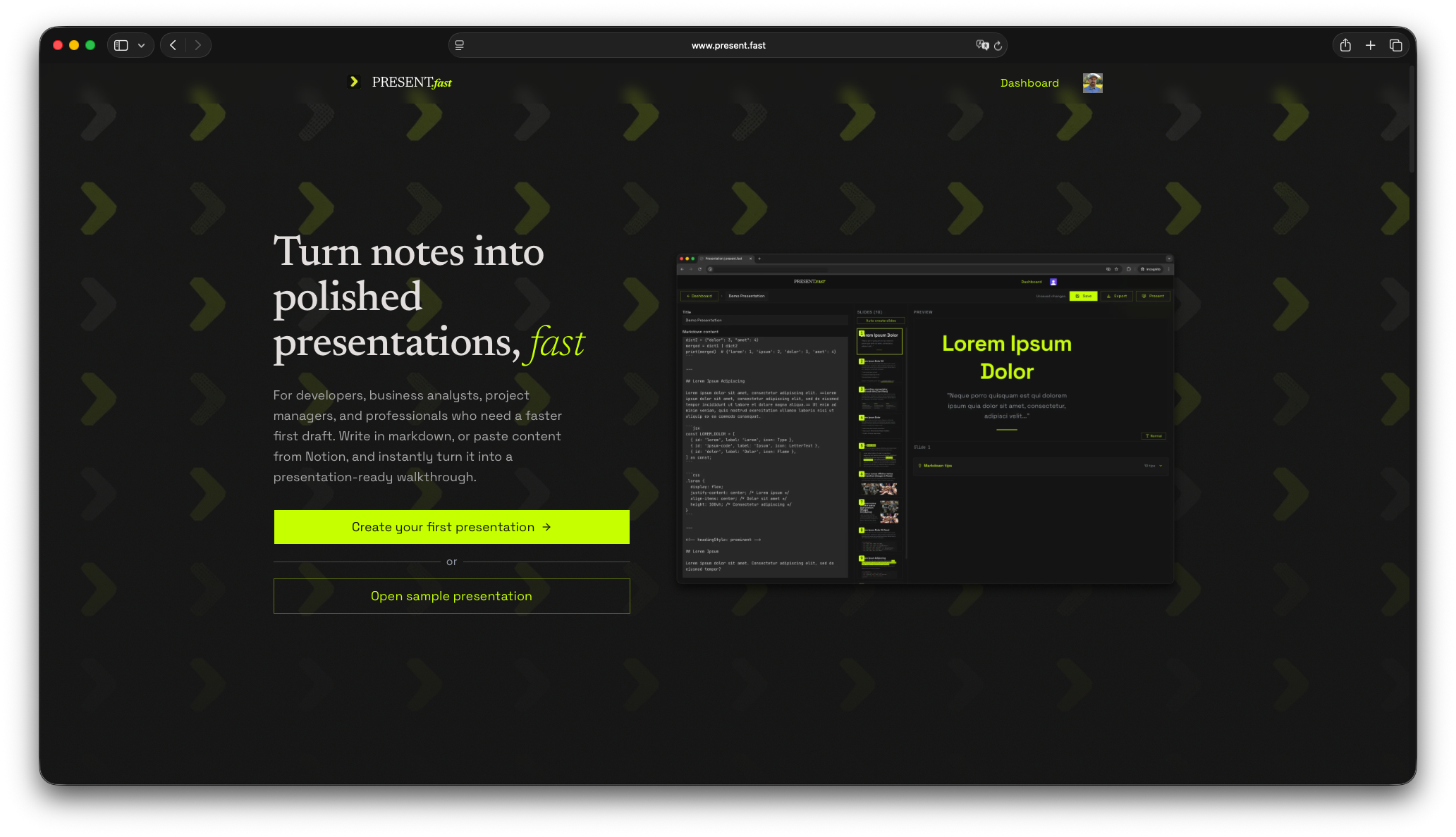 PRESENT.fast landing page hero